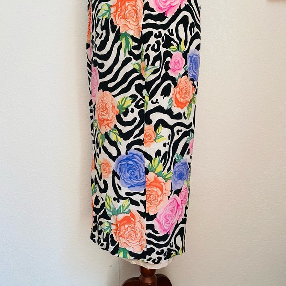 Vintage 90s Maxi Sleeveless Silk Black and White Colorful Floral Pattern Dress - Picture 10 of 16